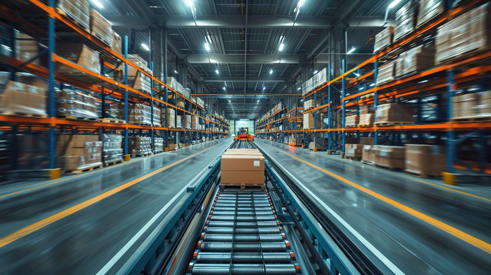 A primeira imagem exibe o interior de um amplo e moderno armazém logístico ou centro de distribuição.
Ponto Central: No meio do corredor principal, há uma esteira rolante automatizada transportando um lote de caixas de papelão. Há um leve efeito de desfoque de movimento (motion blur) ao redor da esteira, sugerindo velocidade, dinamismo e eficiência na movimentação da carga.
Estrutura: Nas laterais, estendem-se corredores longos compostos por imensas estruturas de porta-paletes (com colunas azuis e vigas laranjas). As prateleiras estão totalmente preenchidas com caixas de papelão empilhadas, indo até o teto.
Iluminação: O ambiente é bem iluminado por grandes lâmpadas industriais no teto, transmitindo um clima de operação de alta capacidade e tecnologia.