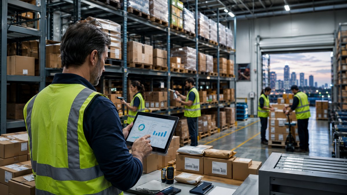 Homem com um tablet em um centro logístico, fazendo a gestão de produtos.
